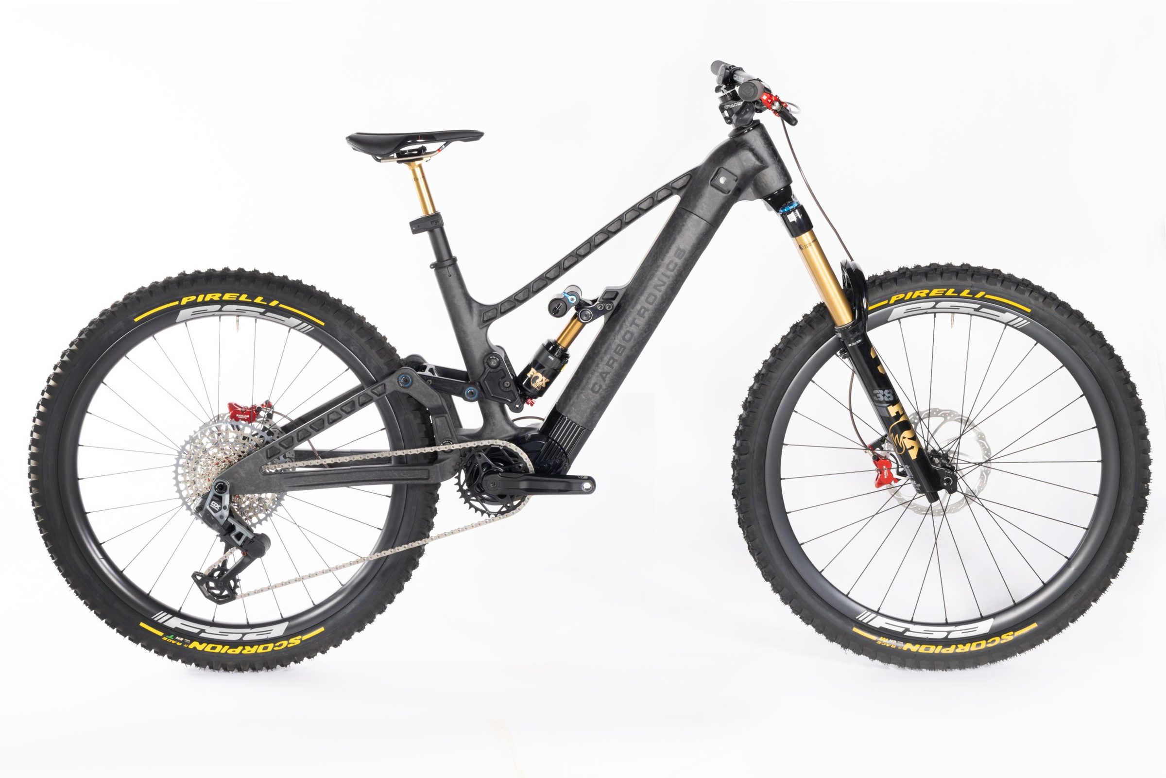 Carbotronics Power Frame e-mountain bike in forged carbon, drive side, with Fox 38 fork and Fox Float X2 shock